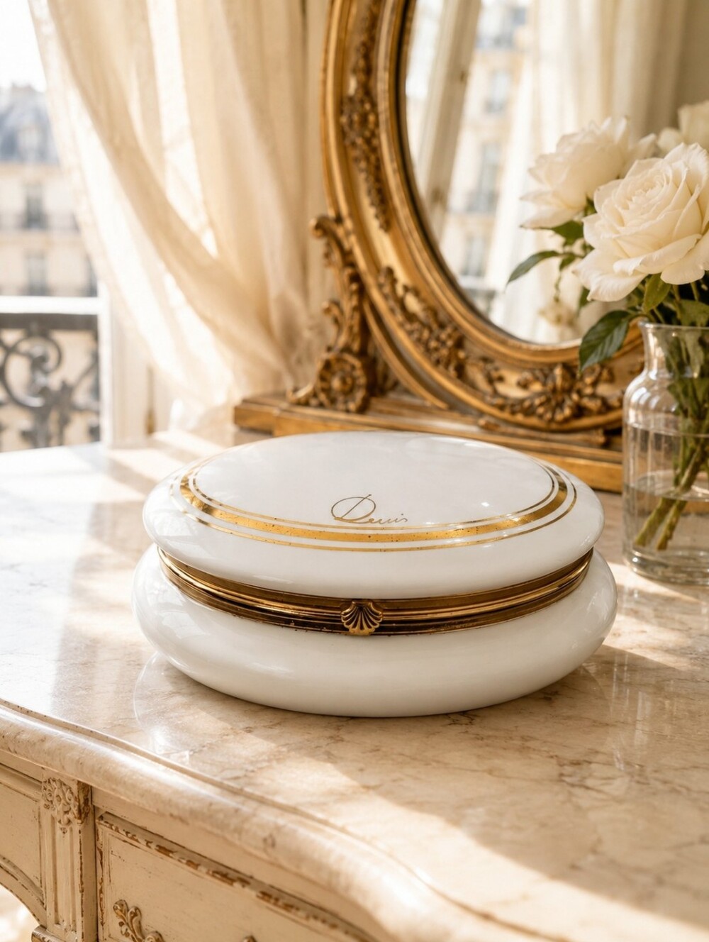 Vintage Devis Italy Porcelain Hinged Trinket Box White Gold Vanity Box